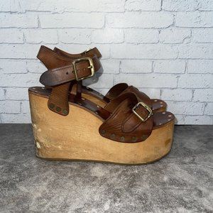 Celine Leather Buckle Brown Women's Wooden Platform Wedge Sandals Sz EU 41/US 10